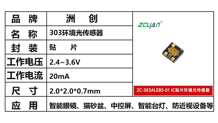 貼片環境光傳感器，ZC-303ALEBS-01，數字環境光傳感器，貼片光感